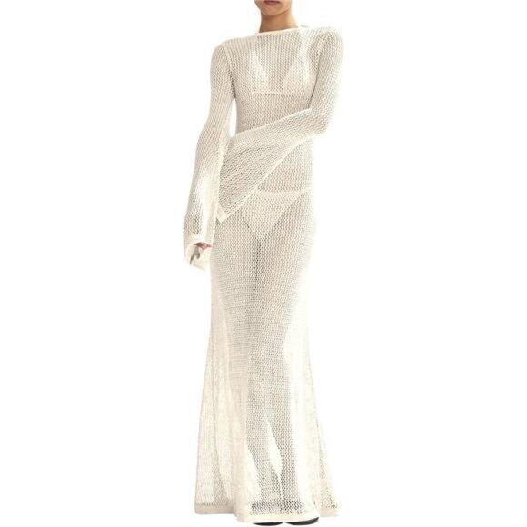 Womens Crochet Cover Ups Long Sleeve Sexy Mesh White